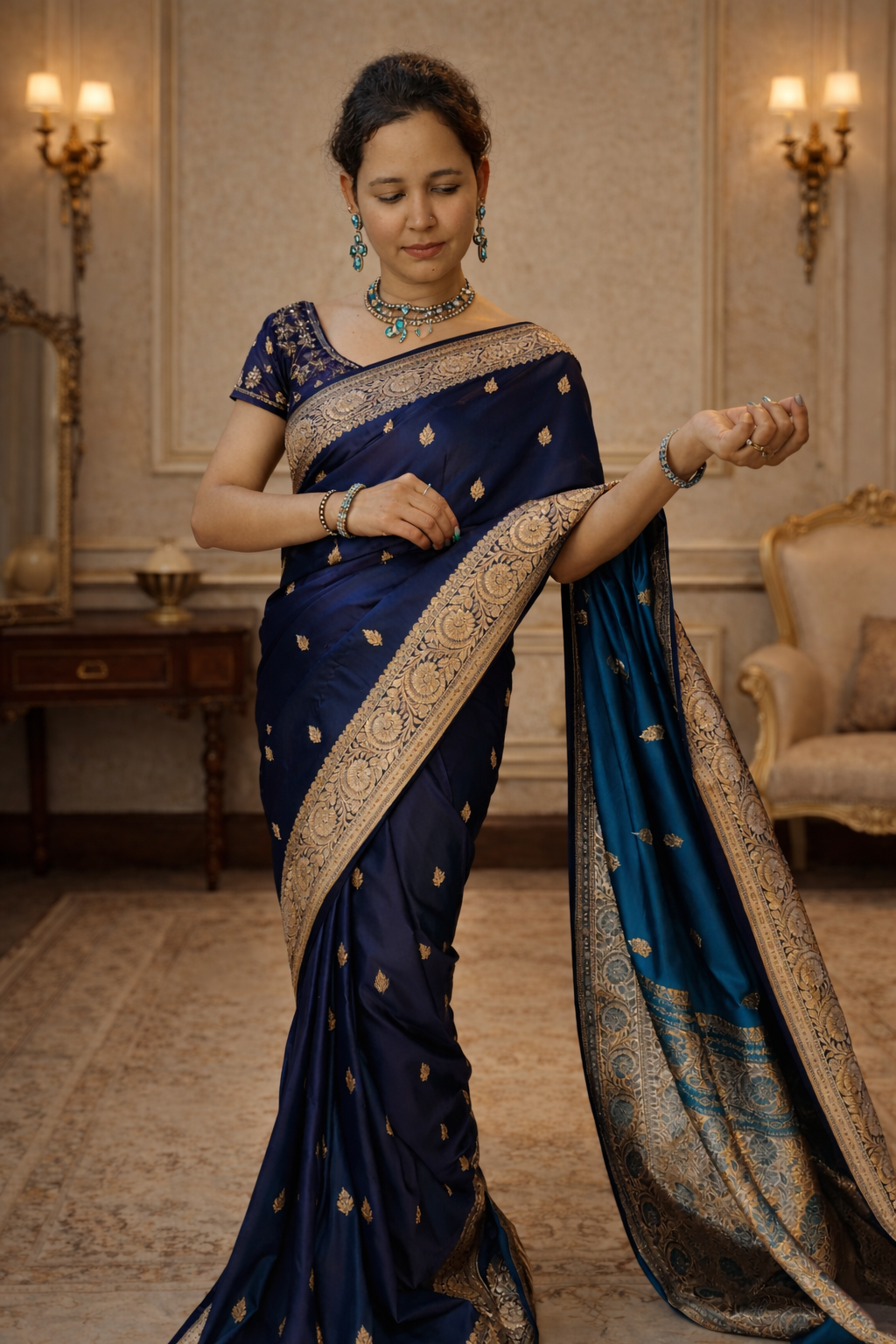 Art Mashru Peacock Blue Silk Saree | Royal Handcrafted Weave