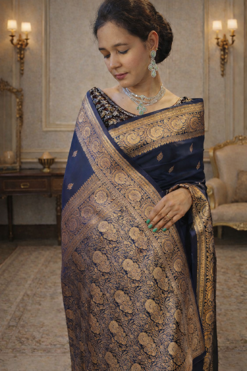 Art Mashru Peacock Blue Silk Saree | Royal Handcrafted Weave