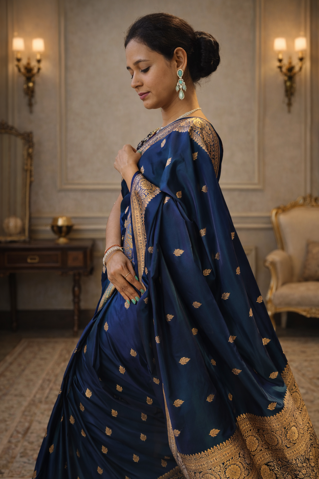 Art Mashru Peacock Blue Silk Saree | Royal Handcrafted Weave