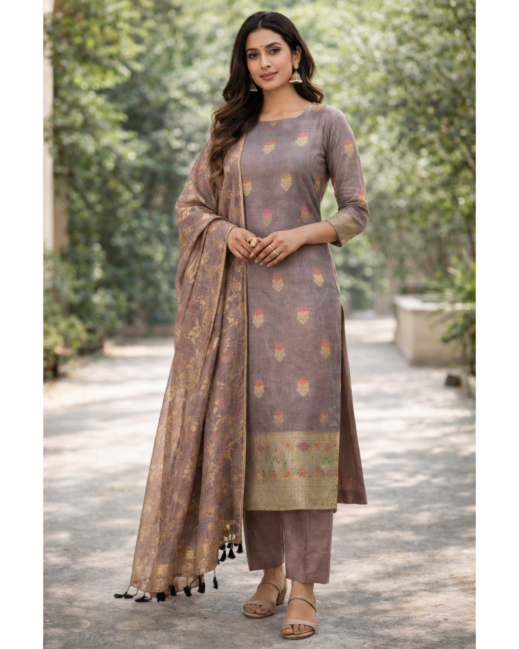 Banarasi Minedar Cotton Suit Dress Material with Floral Dupatta