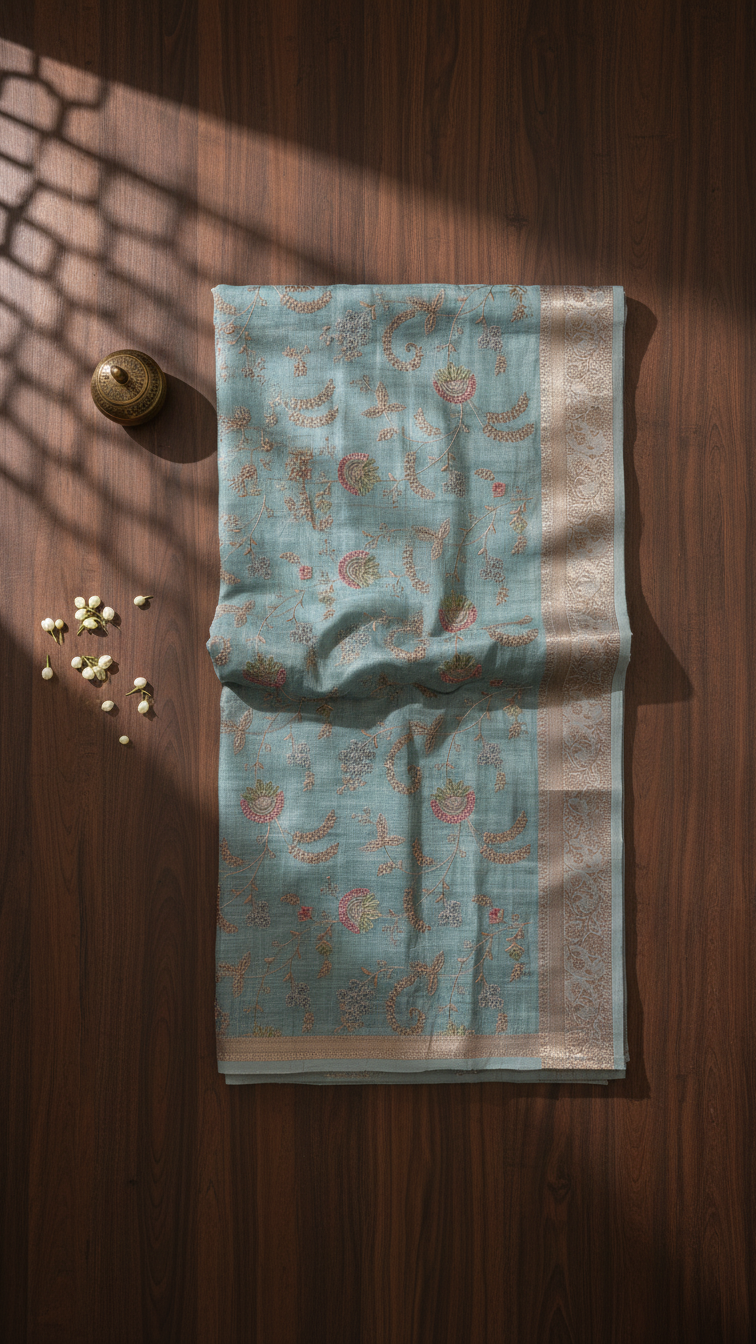 Jacquard Linen Saree Ice Blue