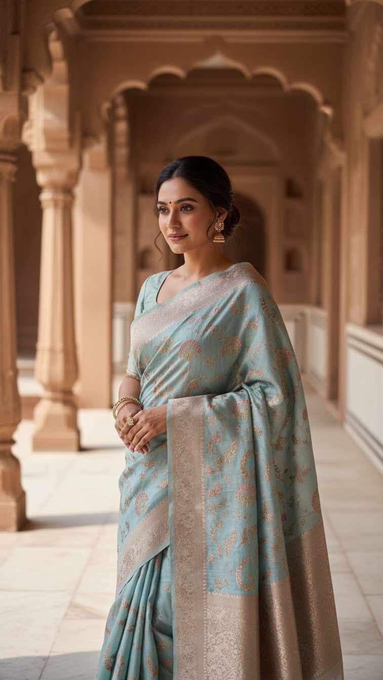 Jacquard Linen Saree Ice Blue