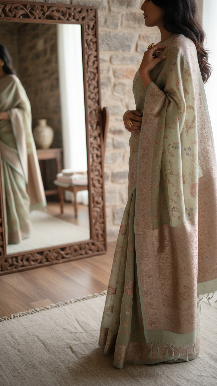 Jacquard Linen Saree Pista Green