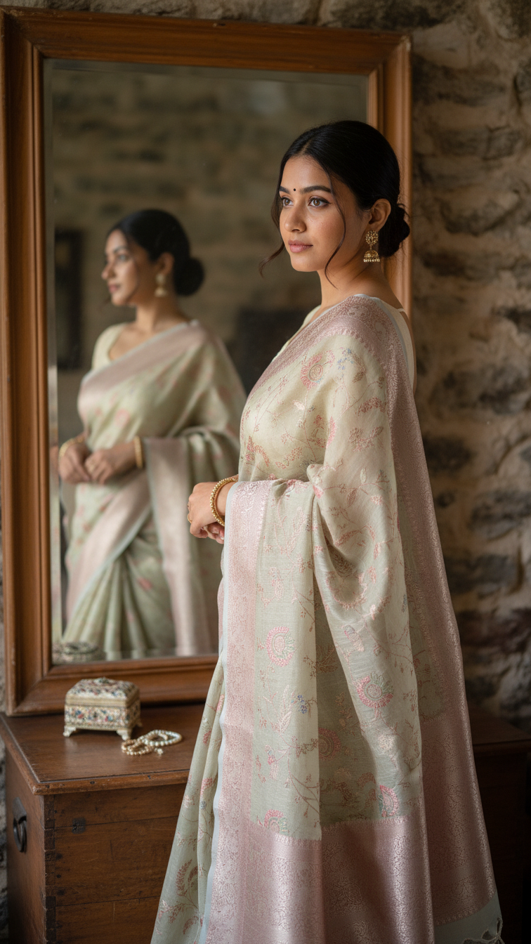 Jacquard Linen Saree Pista Green