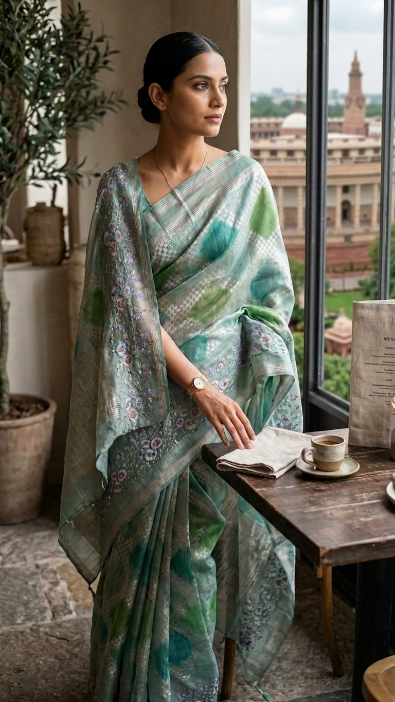 L Pattola Brush Embroidery Saree with Designer Border Pista Green