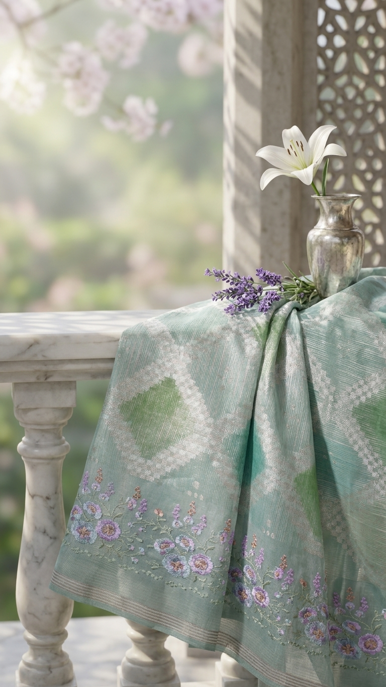 L Pattola Brush Embroidery Saree with Designer Border Pista Green
