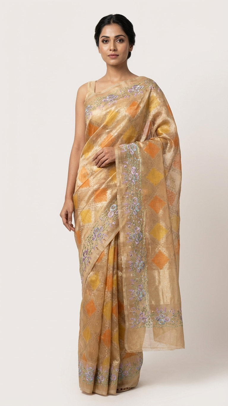 L Pattola Brush Embroidery Saree with Designer Border Yellow Gold