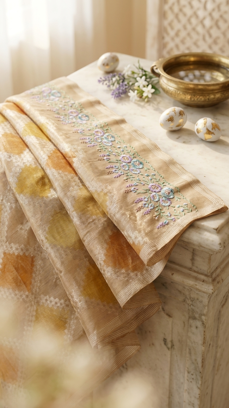 L Pattola Brush Embroidery Saree with Designer Border yellow gold