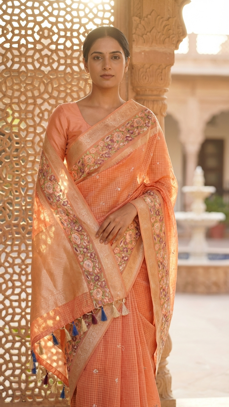 Woman wearing a traditional peach saree with intricate patterns in an outdoor setting.