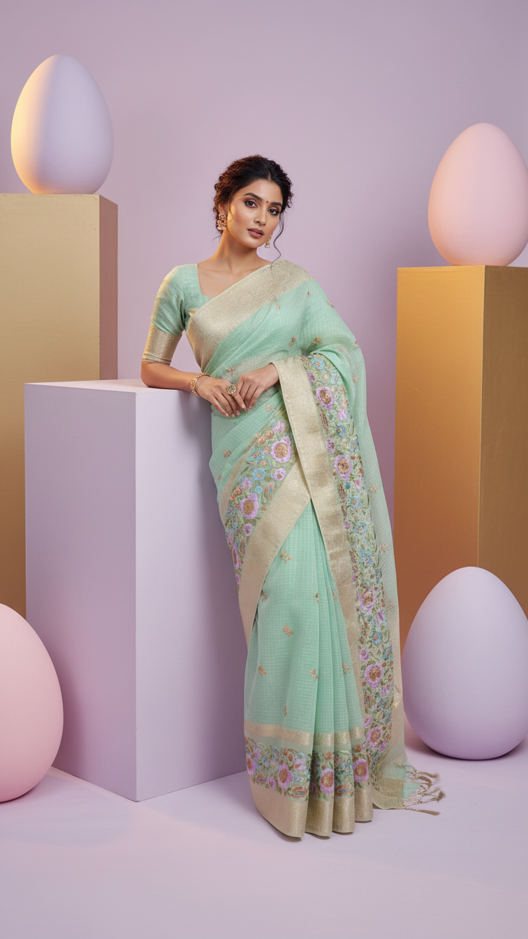 Green Full View Handcrafted Organza Stripe Embroidery Saree with delicate detailing