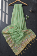 Green Handcrafted Organza Stripe Embroidery Saree with delicate detailing 
