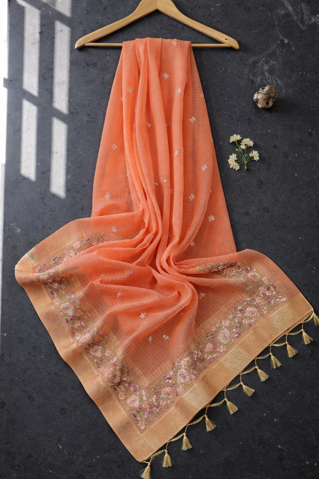 Peach Handcrafted Organza Stripe Embroidery Saree with delicate detailing