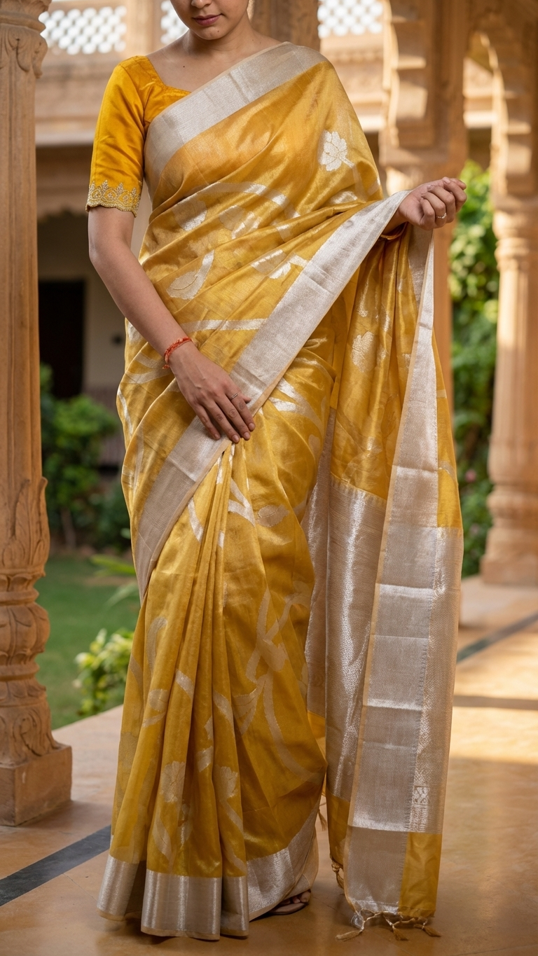 Yellow Gold Tissue Badajaal Banarasi Saree full view with elegant traditional drape
