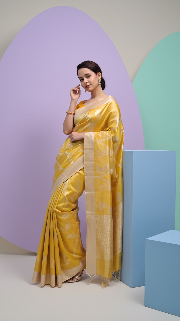 Yellow Tissue Badajaal Banarasi Saree full view with elegant traditional drape