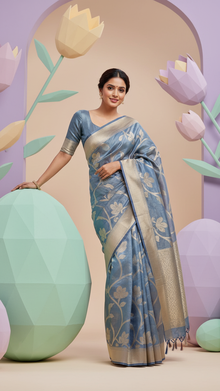 Blue Tissue Badajaal Banarasi Saree full view with elegant traditional drape