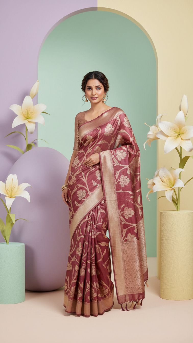 Wine Tissue Badajaal Banarasi Saree full view with elegant traditional drape