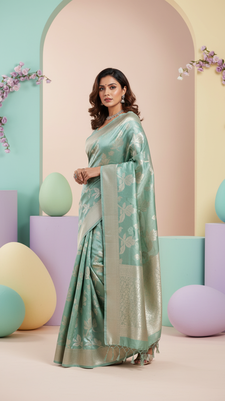 Green Tissue Badajaal Banarasi Saree full view with elegant traditional drape