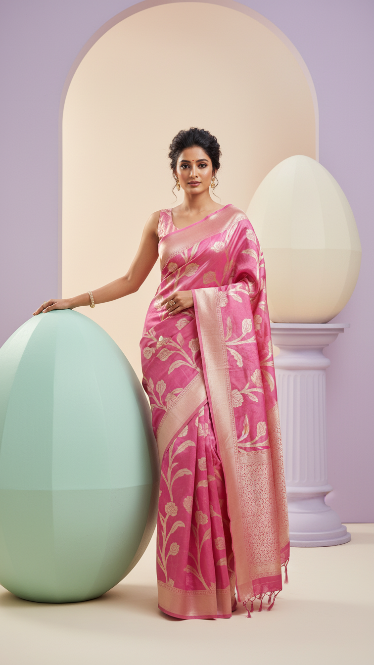 Pink Tissue Badajaal Banarasi Saree full view with elegant traditional drape