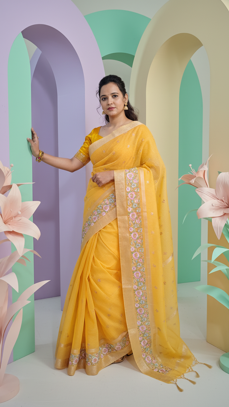 Woman in a yellow saree with floral decorations against a colorful archway background