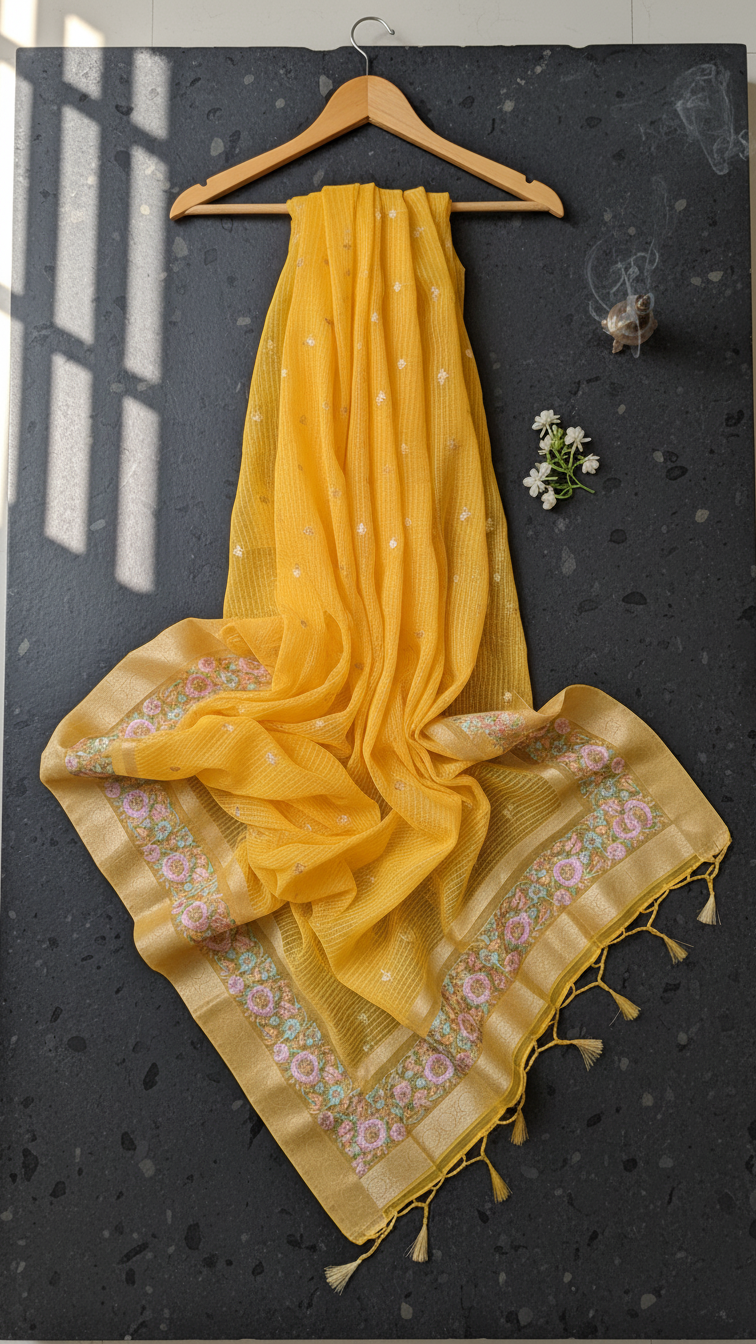 Yellow Handcrafted Organza Stripe Embroidery Saree with delicate detailing